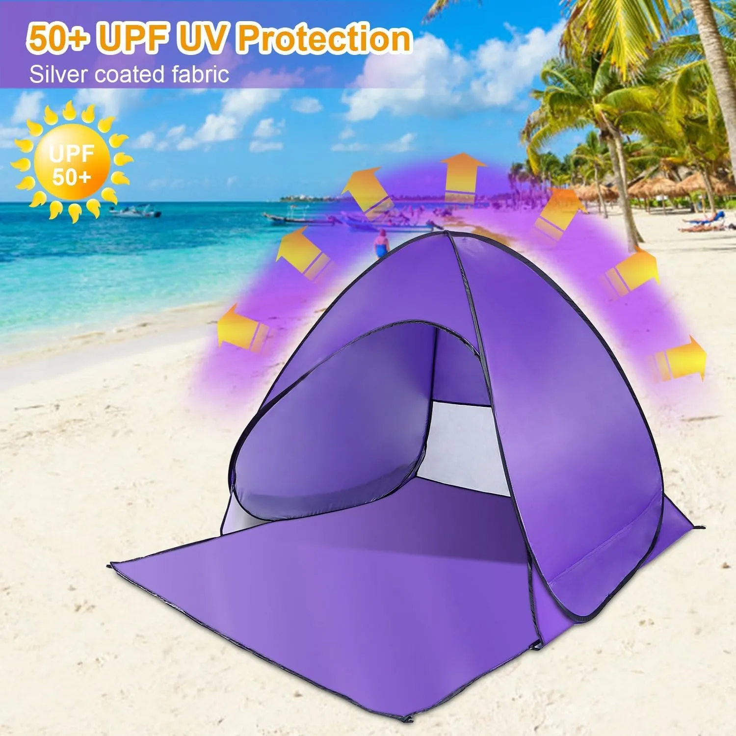 Beach Tent Pop Up Beach Tent Sun Shade Shelter Anti-UV Automatic Waterproof Tent Canopy for 2-3 Person w/Net Window Storage Bag for Outdoor Beach Camping Fishing Park