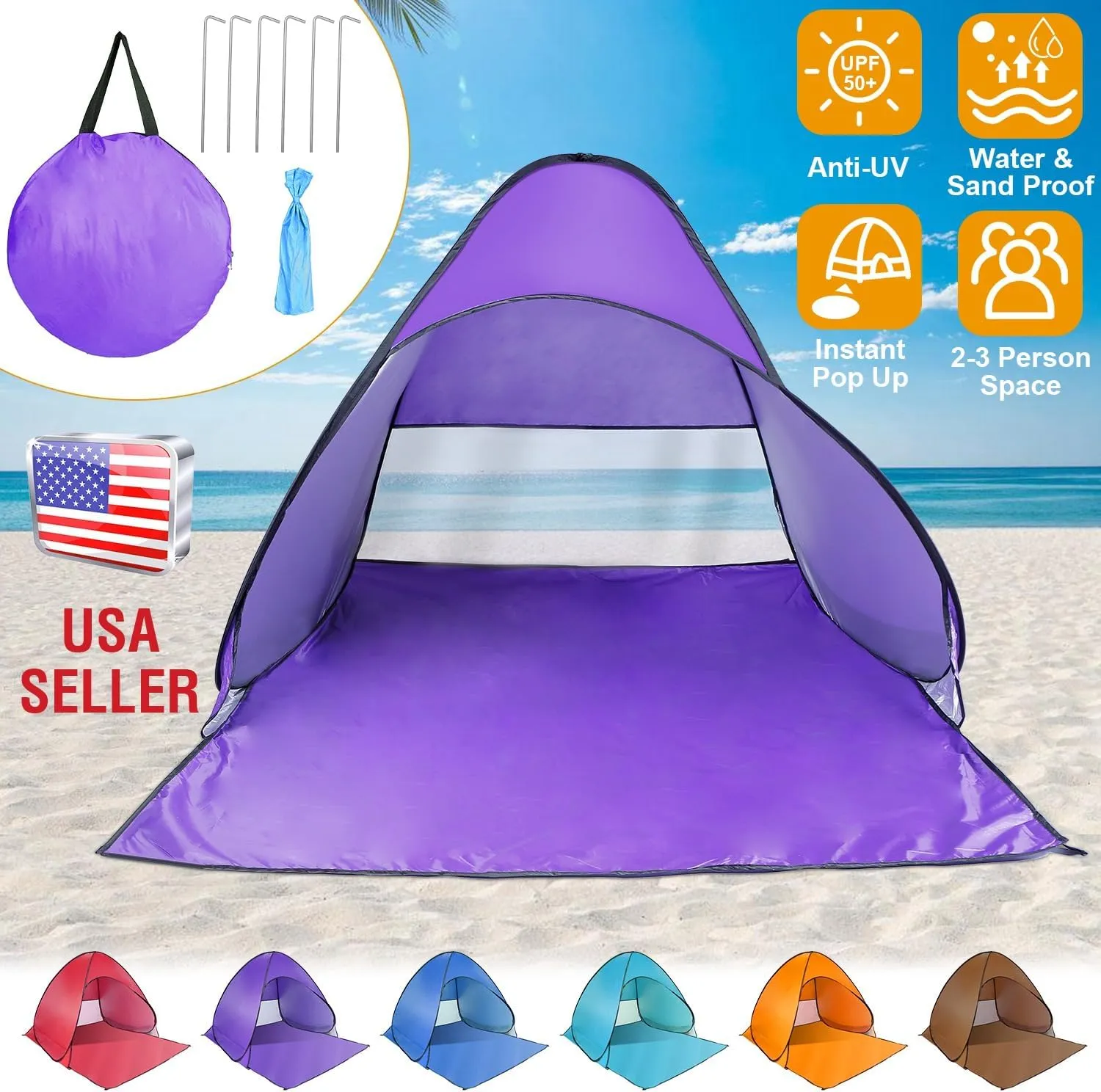 Beach Tent Pop Up Beach Tent Sun Shade Shelter Anti-UV Automatic Waterproof Tent Canopy for 2-3 Person w/Net Window Storage Bag for Outdoor Beach Camping Fishing Park