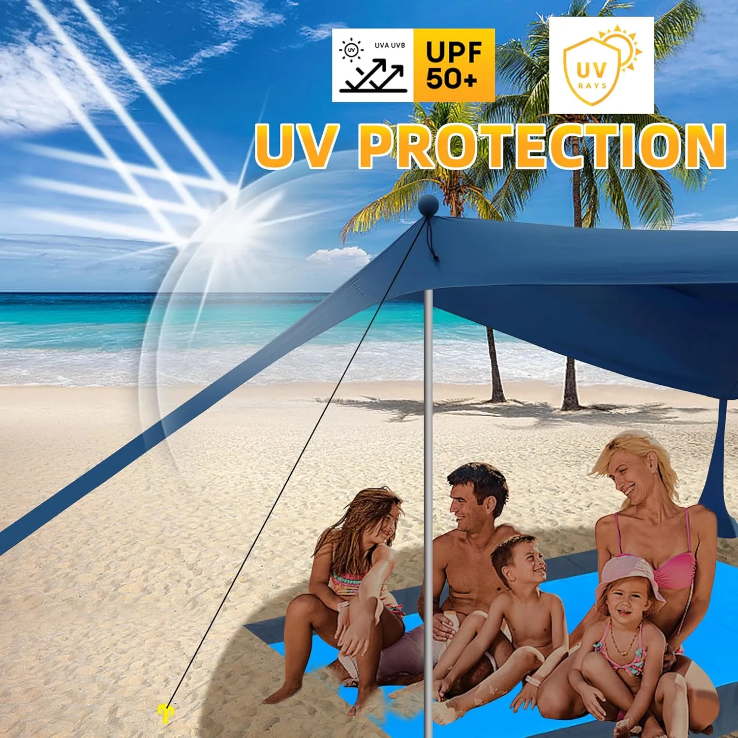 BOTINDO Family Beach Tent Canopy Sun Shade, Pop Up Grande Beach Tent Sun Shelter Stability 4 Poles with Portable Carry Bag Outdoor Shade for Fishing Backyard Camping
