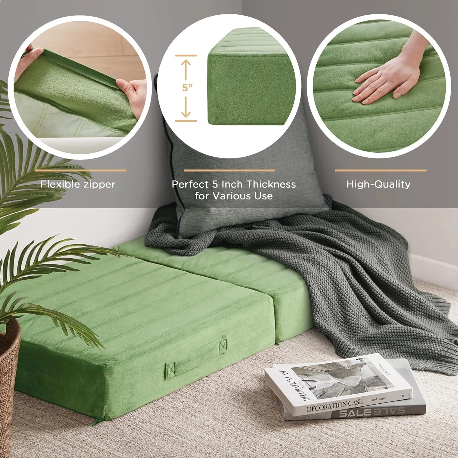 Codi High Density Foam Floor Pillow 2 Sets, Large Meditation Cushions Seating for Adults and Yoga Sitting, Washable Thick Couch Cushion with Soft Tufted Covers - 22 * 22 * 5inch Green