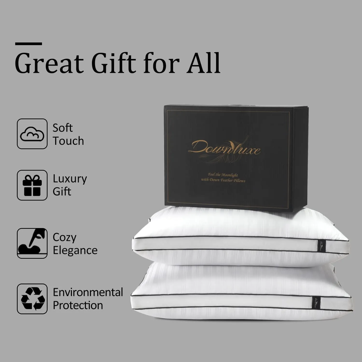 downluxe Goose Down Pillows - 2 Pack Gusseted Hotel Collection Feather Pillows for Back, Stomach or Side Sleepers, Queen Size Set of 2 (18"x26"x2")