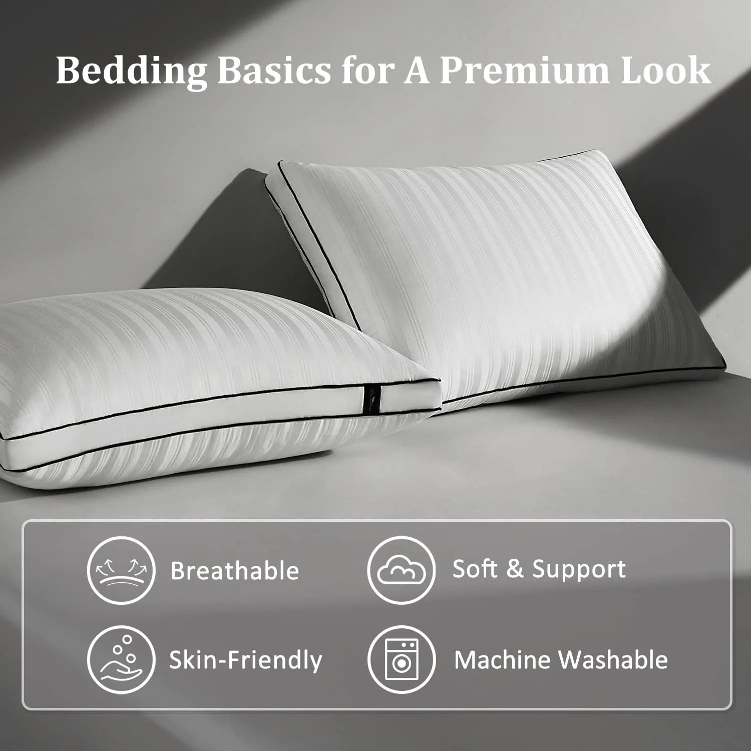 downluxe Goose Down Pillows - 2 Pack Gusseted Hotel Collection Feather Pillows for Back, Stomach or Side Sleepers, Queen Size Set of 2 (18"x26"x2")