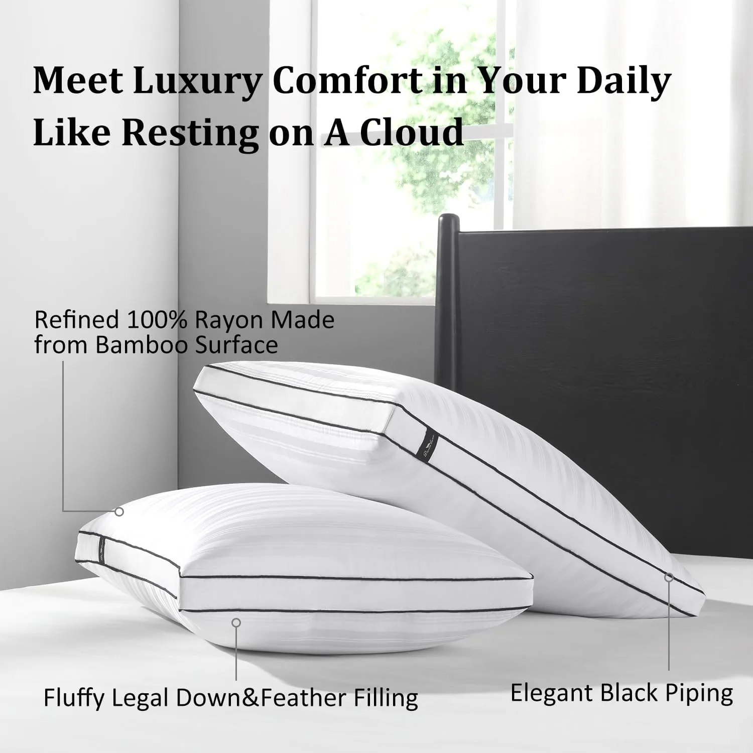 downluxe Goose Down Pillows - 2 Pack Gusseted Hotel Collection Feather Pillows for Back, Stomach or Side Sleepers, Queen Size Set of 2 (18"x26"x2")
