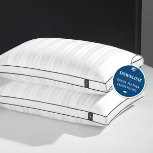 downluxe Goose Down Pillows - 2 Pack Gusseted Hotel Collection Feather Pillows for Back, Stomach or Side Sleepers, Queen Size Set of 2 (18"x26"x2")
