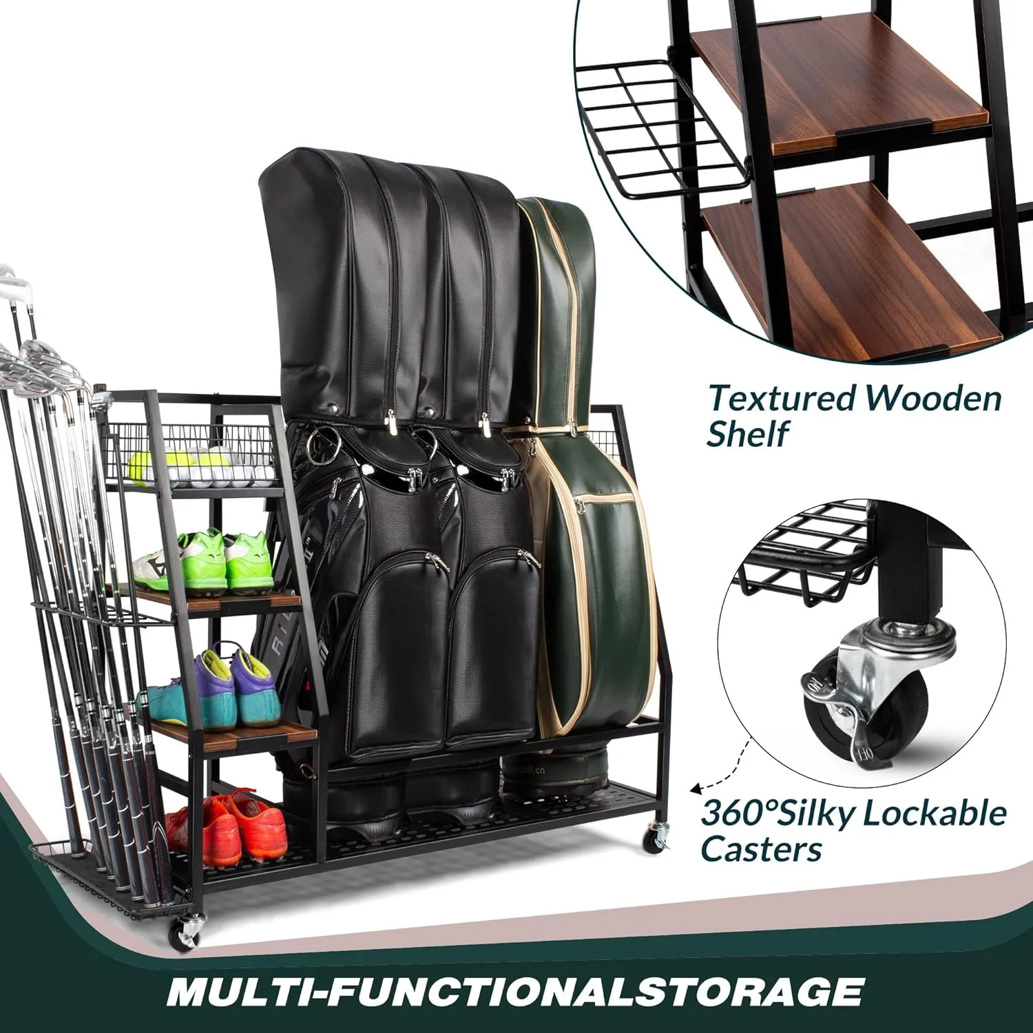 Golf Bags Storage Garage Organizer, Golf Bag Rack Fits 2/3 Golf Bags and Golf Equipment Accessories, Golf Club Storage Stand with Wooden Shelf and Lockable Wheels for Garage Indoor Basement