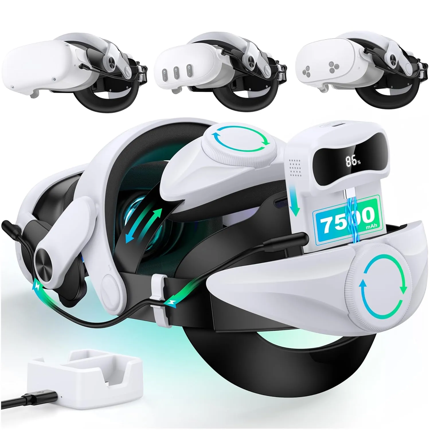 Head Strap for Meta Quest 3S/Quest 3 with Digital Display Battery and Charging Dock, Comfort Head Strap with Double Adjustament Dials, Enhanced, Balanced, Extra Time for Oculus Quest 2 Head Strap