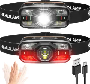 Headlamp Rechargeable, 2000 Lumen Ultra-Light LED Headlight with White & Red Light, Motion Sensor, 11 Modes, Waterproof, Adjustable Headband for Outdoor Camping, Hiking, Fishing (2-Pack)