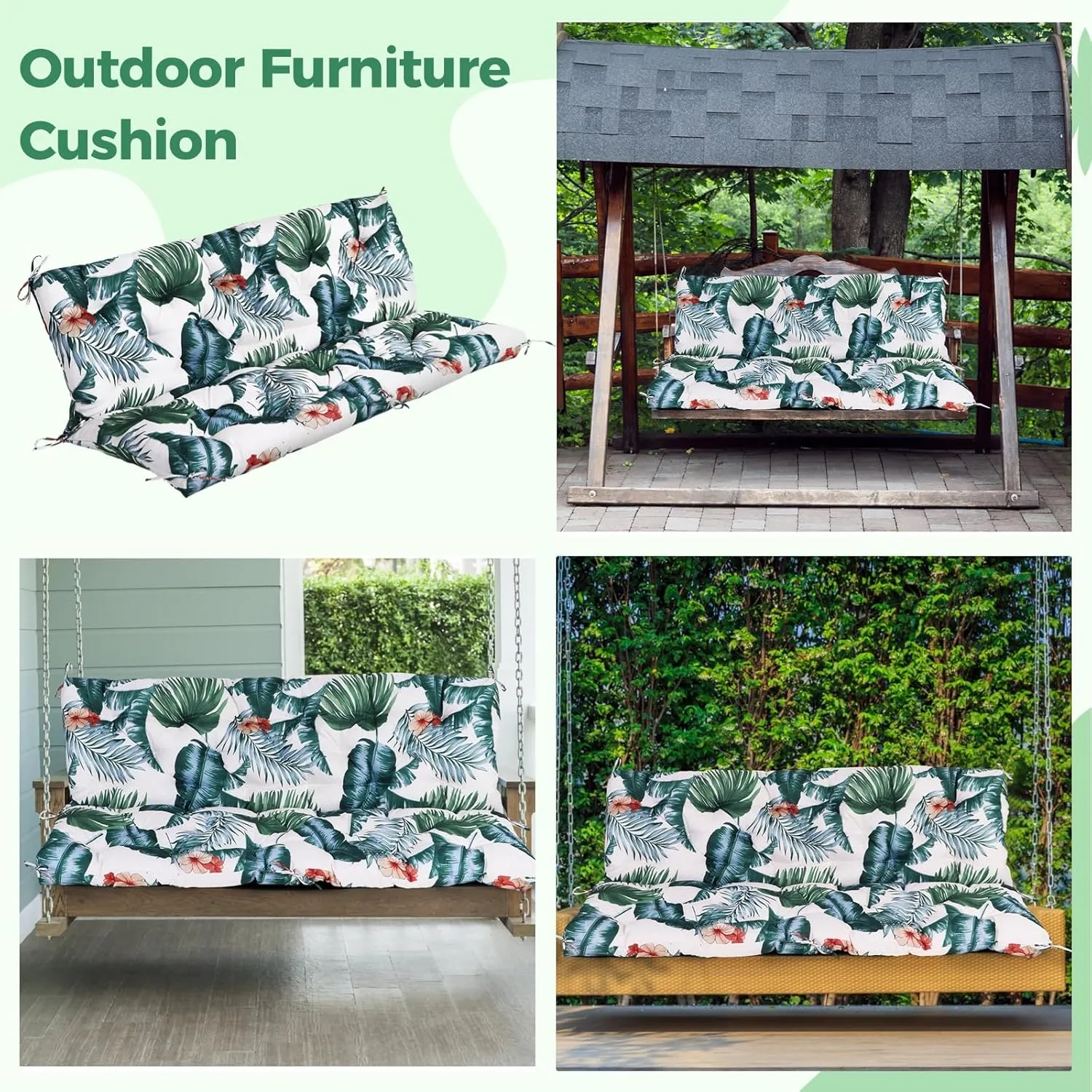 Homaisson Swing Replacement Cushion, Outside Bench Cushion with Backrest, 2-3 Seater Cushion with 8 Ties for Outdoor Furniture, 59 x 39 x 4 Inches Porch Swing Cushion Garden Bench
