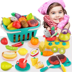 Kids Play Food Sets Pretend Cutting Cooking Food Toys with Basket