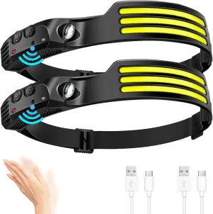 LED Headlamp Rechargeable (2 PCS), 230 Wide Beam Head Lamp with Motion Sensor, Waterproof Head Light Flashlight for Hiking, Running, Repairing, Fishing Cycling (Black 4)