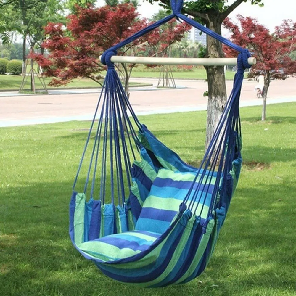 Portable Hammock Chair Hanging Rope Chair Swing/Stick/Pillows for Garden Indoor Outdoor Hammock Swings Travel Camping Lazy Chair