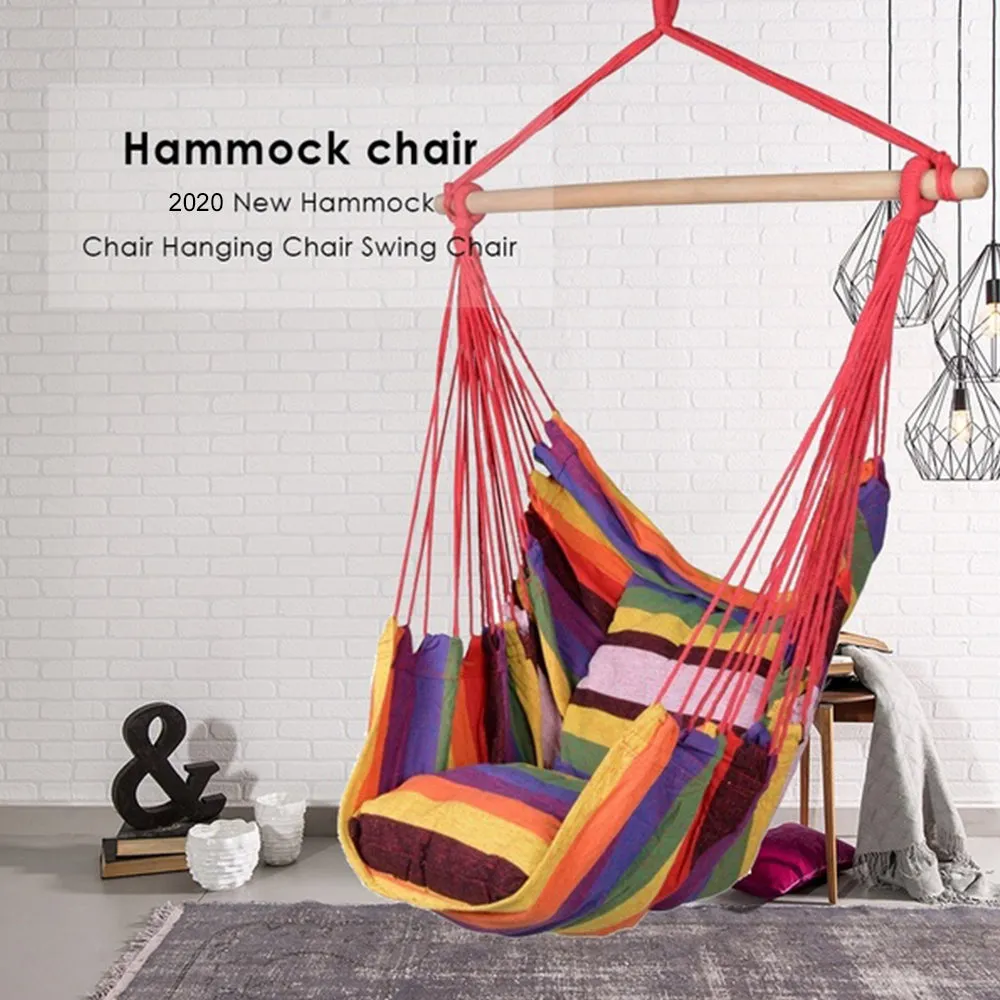 Portable Hammock Chair Hanging Rope Chair Swing/Stick/Pillows for Garden Indoor Outdoor Hammock Swings Travel Camping Lazy Chair