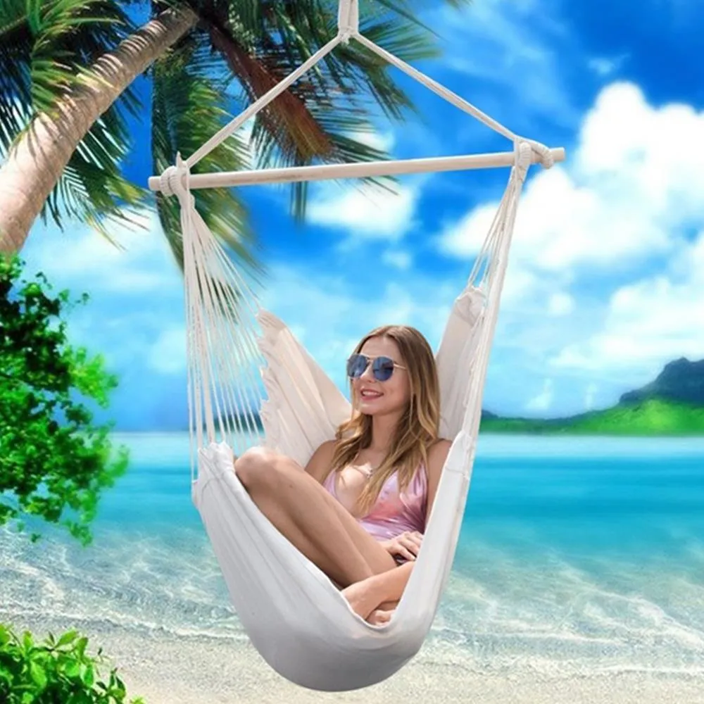 Portable Hammock Chair Hanging Rope Chair Swing/Stick/Pillows for Garden Indoor Outdoor Hammock Swings Travel Camping Lazy Chair