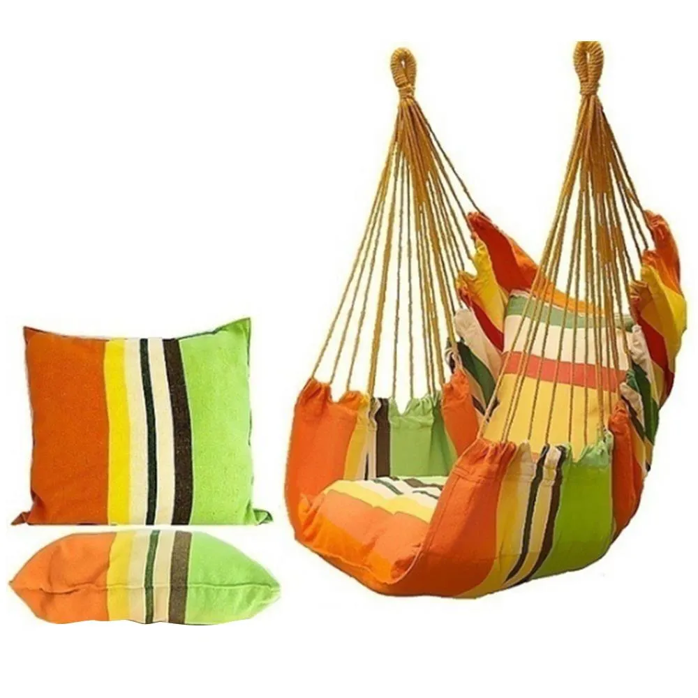 Portable Hammock Chair Hanging Rope Chair Swing/Stick/Pillows for Garden Indoor Outdoor Hammock Swings Travel Camping Lazy Chair
