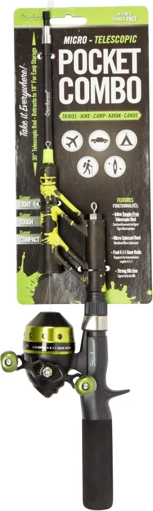 ProFISHiency Micro Series Pocket Combo | Tangle-Free Telescopic Fishing Rod and Spincast Reel | Light and Compact Fishing Rod | Green Splatter