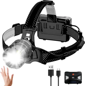 Rechargeable Headlamp, 100,000LM Bright Head Lamp, 40H Runtime Weatherproof LED Headlight, 90 Adjustable Zoom Head Lights for Forehead, Hiking Camping Headlamps for Adults