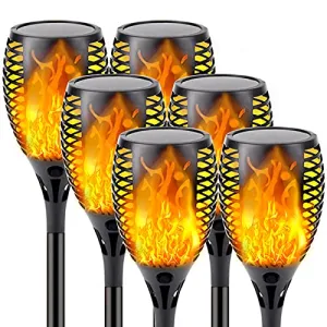 Upgraded 6 Pack Super Larger Size Solar Flame Torch Extra Bright Solar Lights Outdoor Decorative with Flickering Flame, Solar Outdoor Lights for Christmas Decoration Pathway Auto On and Off (Orange)